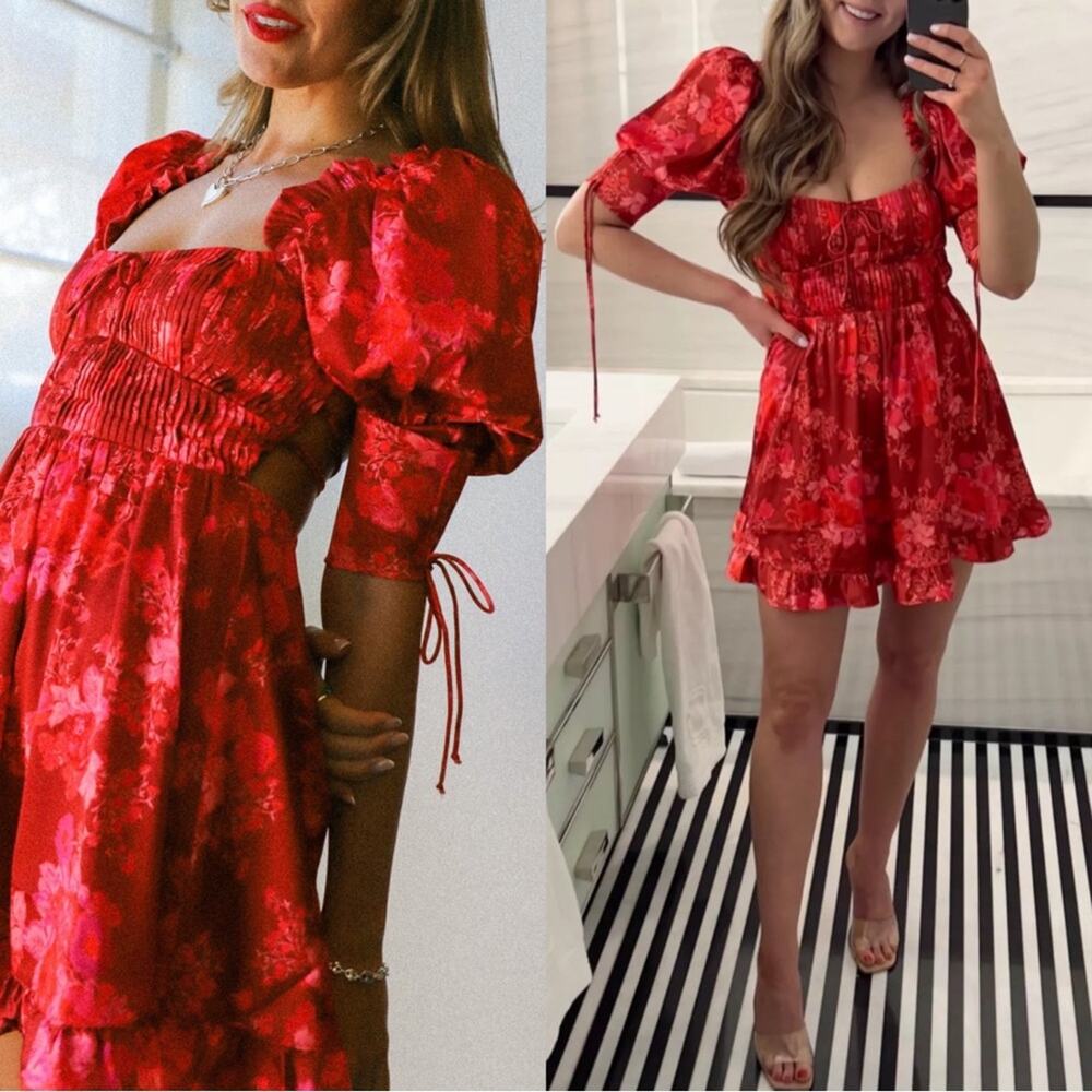 FOR LOVE & LEMONS Alia Floral Puff Sleeve Tie Back Red Mini Dress Size XS - Picture 2 of 9
